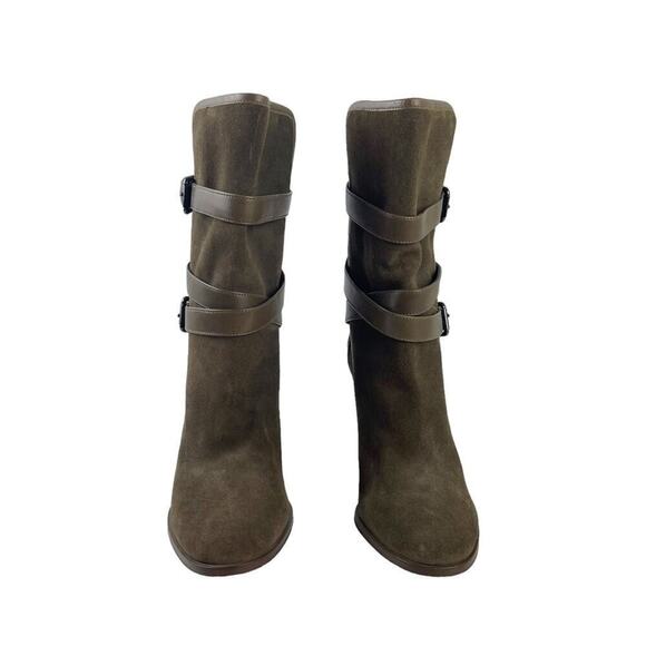 Coach Alexandra Fatigue Green Suede Midcalf Buckle Heel Bootie Boots Size 8 - Picture 3 of 16